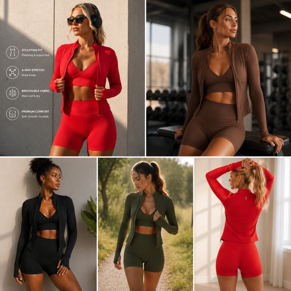 Ribbed Seamless Yoga Set  Bra, Shorts & Jacket, High-Waist