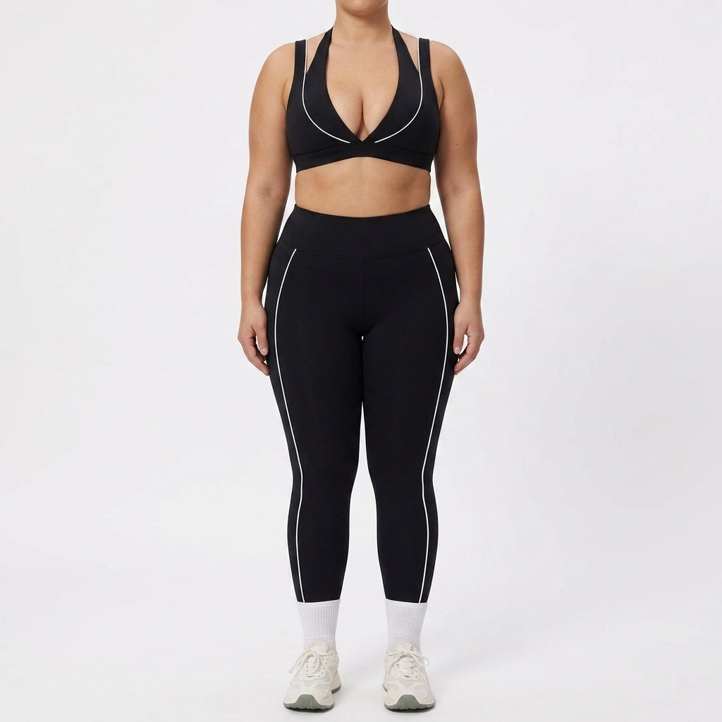 Navy Seamless Yoga Set – V-Neck Sports Bra & High-Waisted Push-Up Leggings