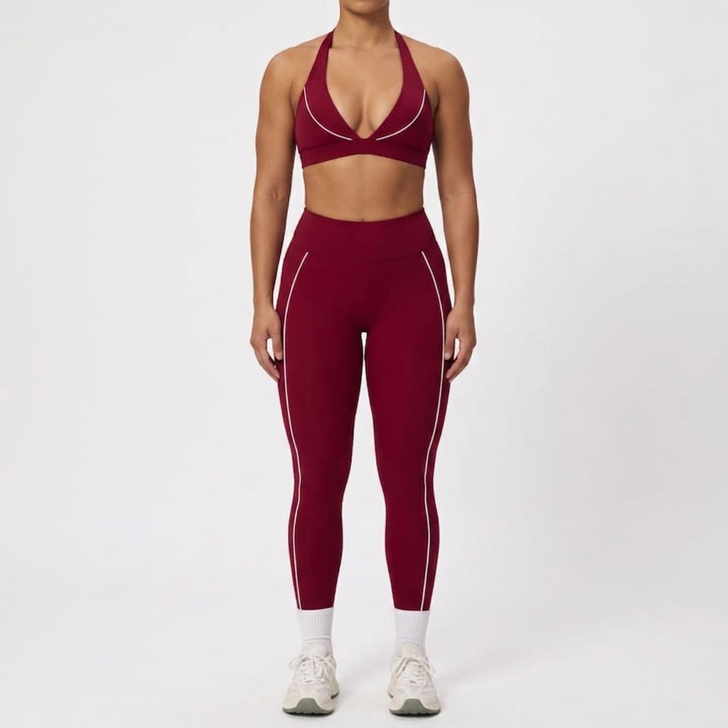 Navy Seamless Yoga Set – V-Neck Sports Bra & High-Waisted Push-Up Leggings