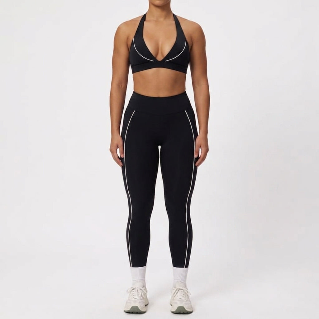 Navy Seamless Yoga Set – V-Neck Sports Bra & High-Waisted Push-Up Leggings