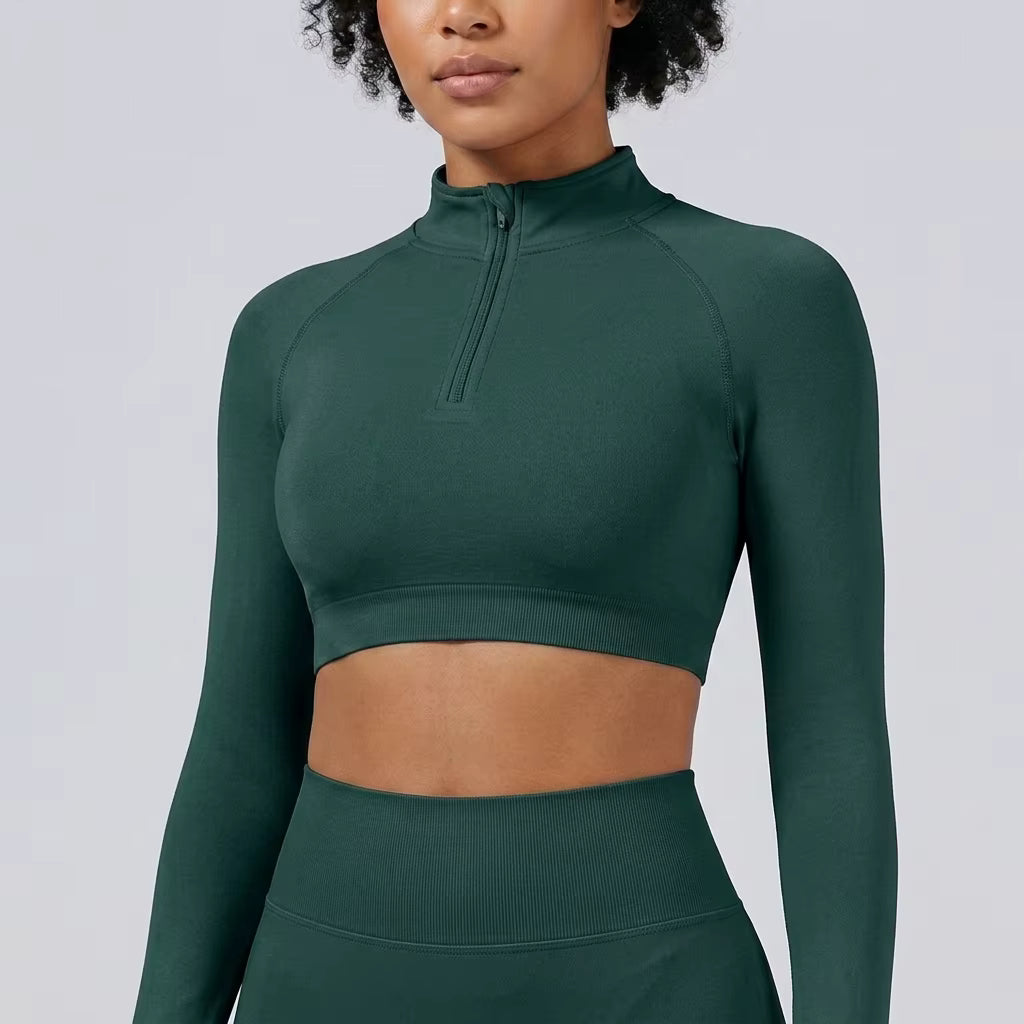 Women's Seamless Half-Zip Crop Top – High Neck Long Sleeve Stretch