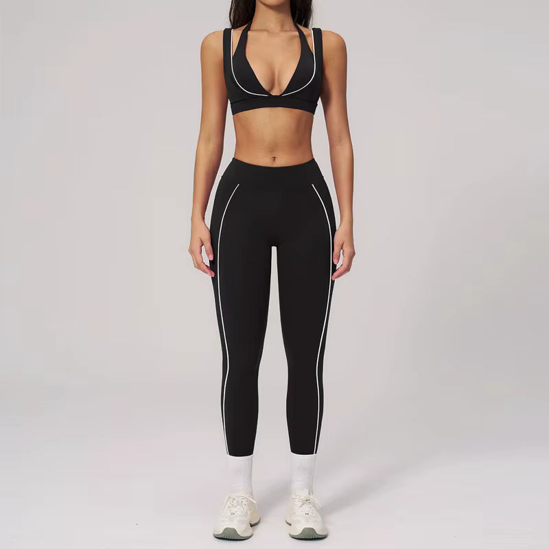 Navy Seamless Yoga Set – V-Neck Sports Bra & High-Waisted Push-Up Leggings