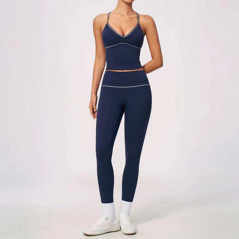 Women's Y-Strap Yoga Set – Breathable Nylon Top & High-Waisted Push-Up Leggings