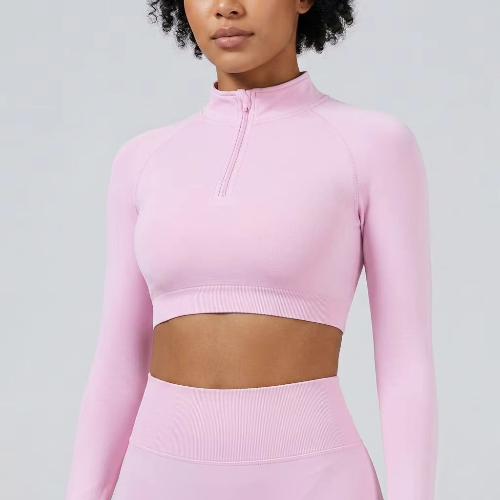 Women's Seamless Half-Zip Crop Top – High Neck Long Sleeve Stretch