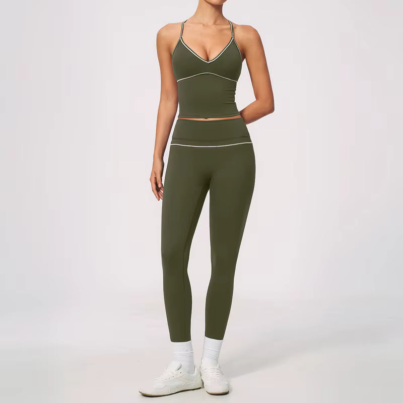 Women's Y-Strap Yoga Set – Breathable Nylon Top & High-Waisted Push-Up Leggings
