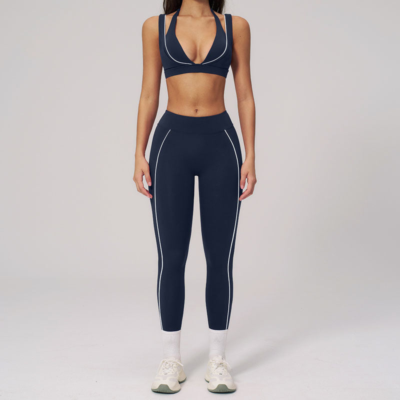 Navy Seamless Yoga Set – V-Neck Sports Bra & High-Waisted Push-Up Leggings