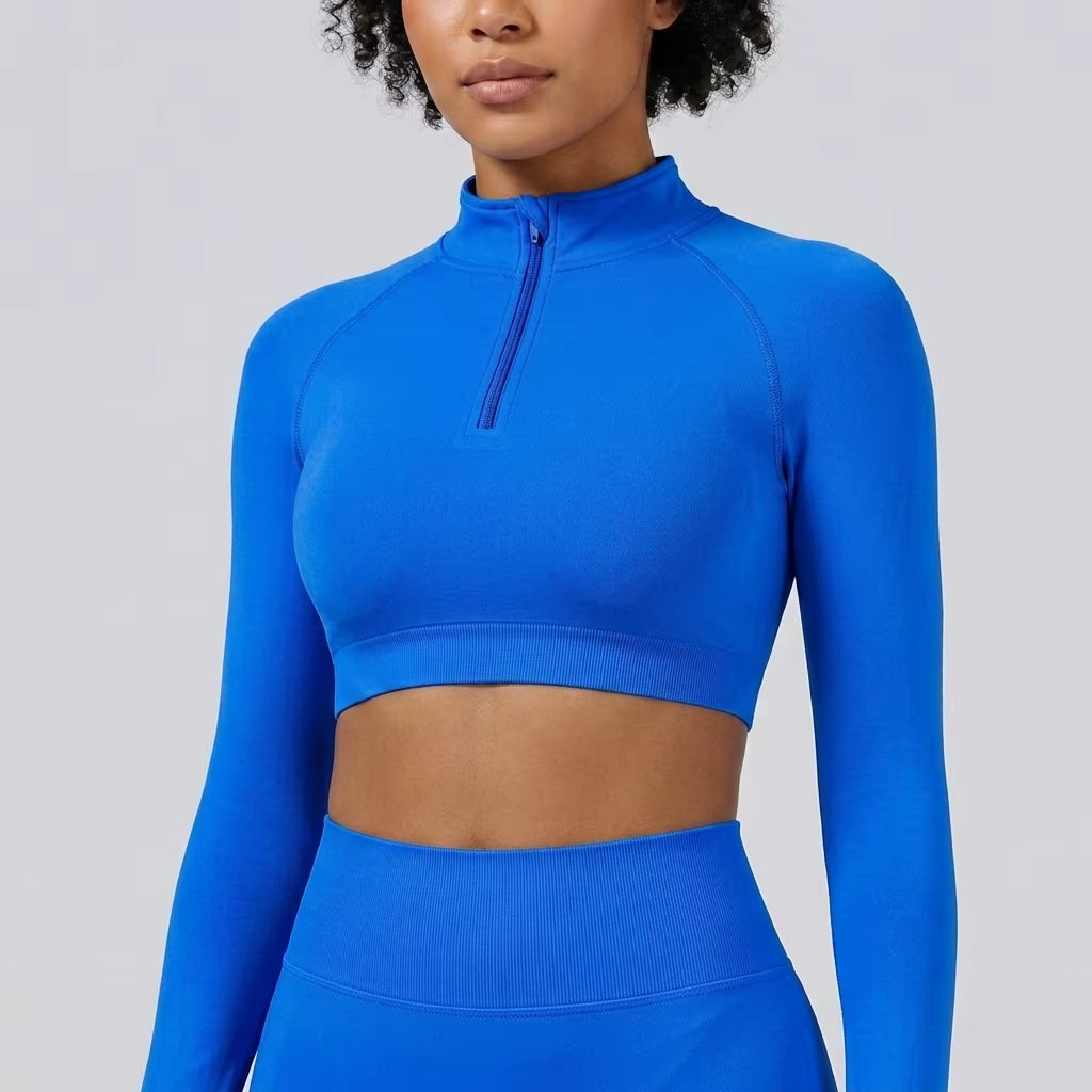 Women's Seamless Half-Zip Crop Top – High Neck Long Sleeve Stretch