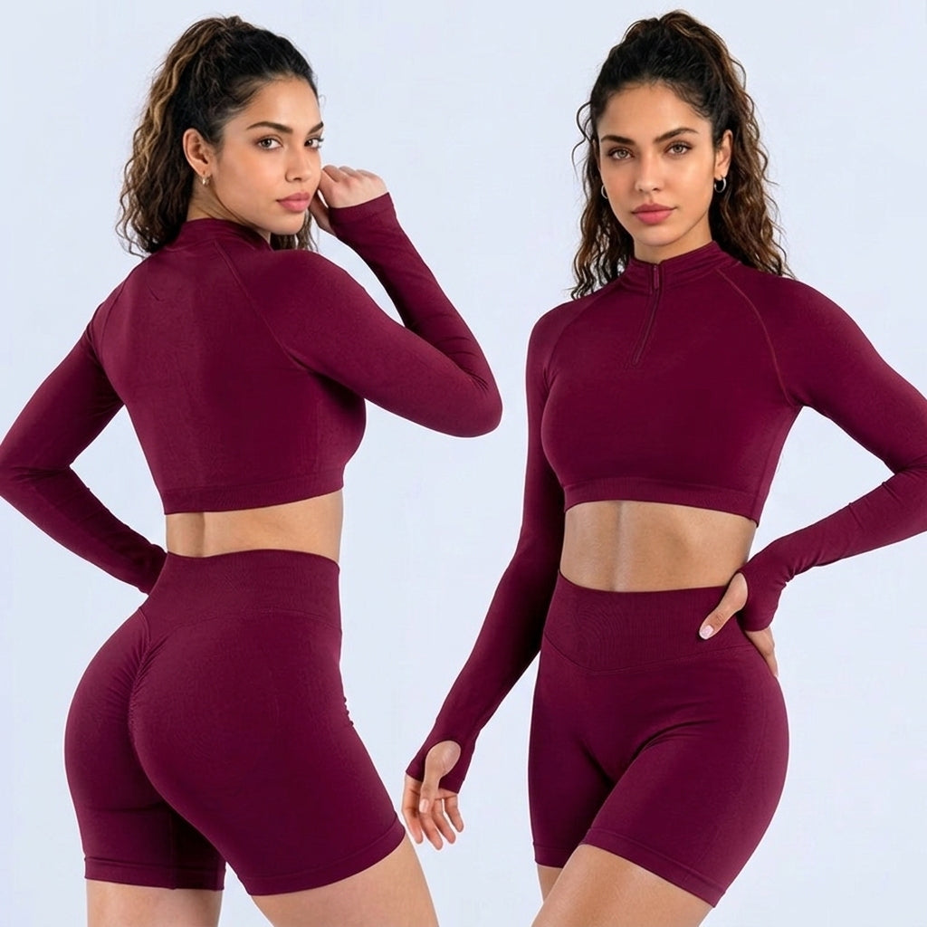 Women's Seamless Half-Zip Crop Top – High Neck Long Sleeve Stretch