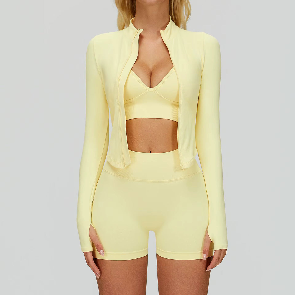 Ribbed Seamless Yoga Set  Bra, Shorts & Jacket, High-Waist