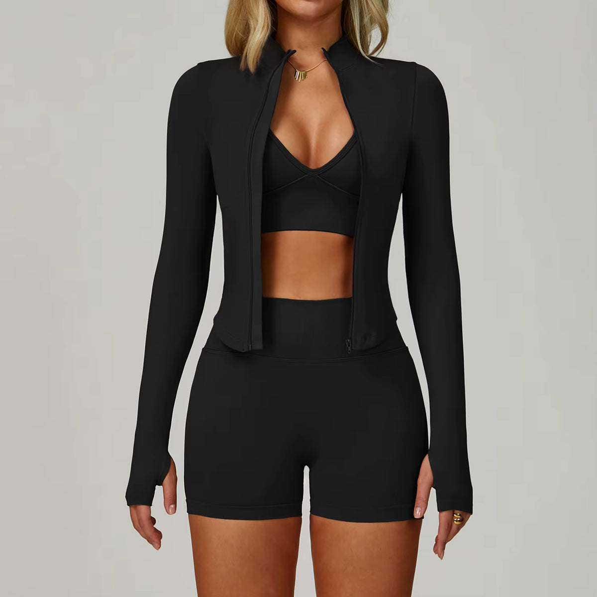 Ribbed Seamless Yoga Set  Bra, Shorts & Jacket, High-Waist