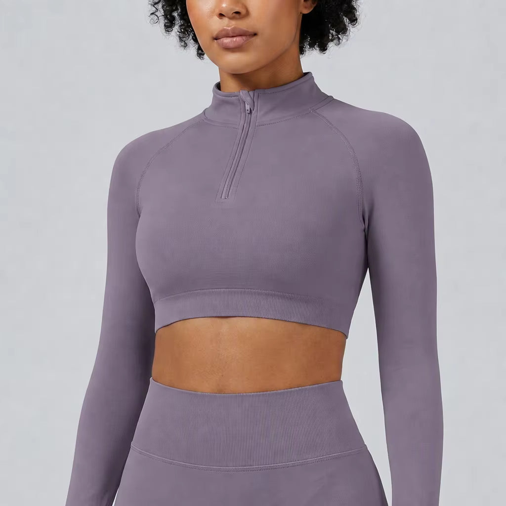 Women's Seamless Half-Zip Crop Top – High Neck Long Sleeve Stretch