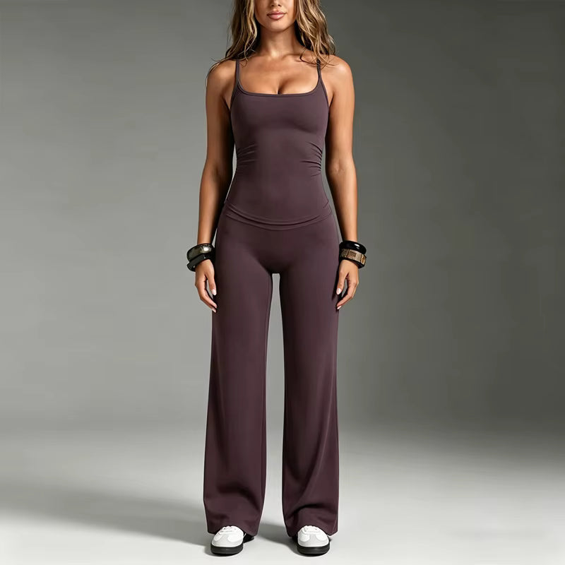 Women's Adjustable Strap Yoga Set – High-Waisted Straight-Leg Push-Up Pants