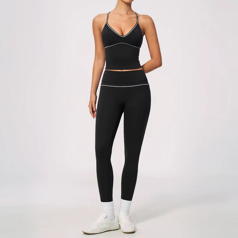 Women's Y-Strap Yoga Set – Breathable Nylon Top & High-Waisted Push-Up Leggings