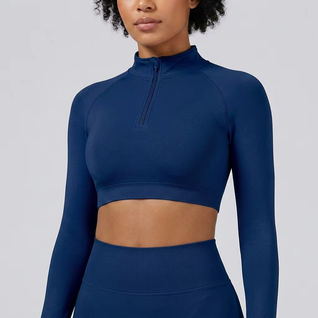 Women's Seamless Half-Zip Crop Top – High Neck Long Sleeve Stretch