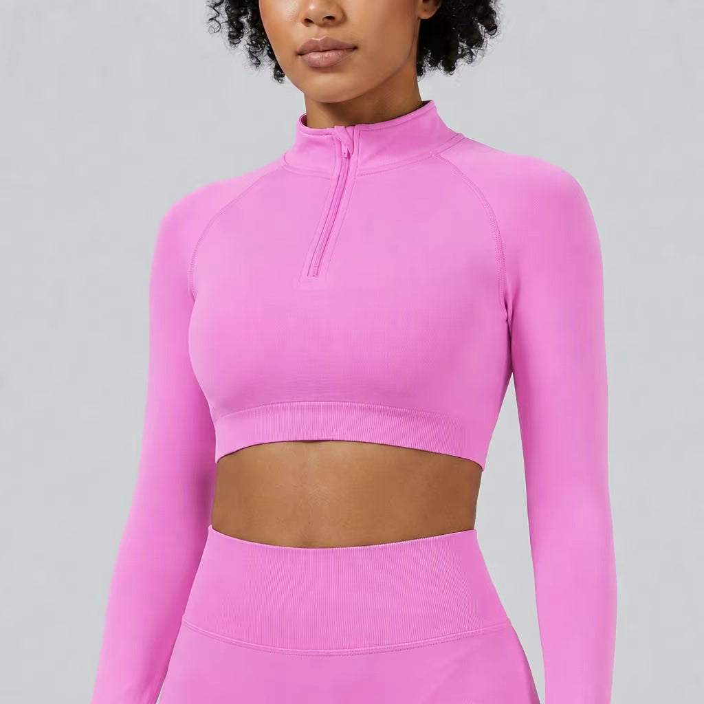 Women's Seamless Half-Zip Crop Top – High Neck Long Sleeve Stretch