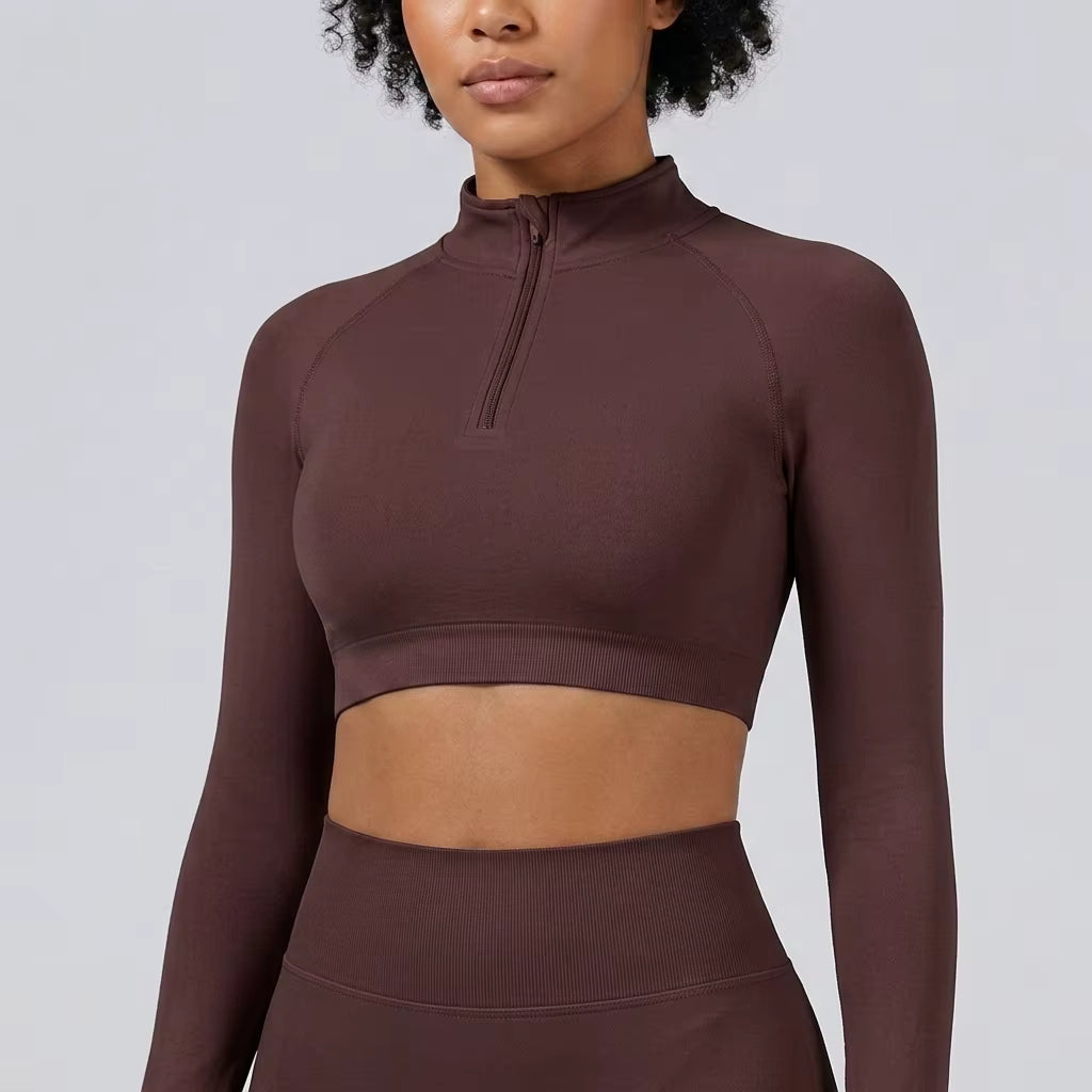 Women's Seamless Half-Zip Crop Top – High Neck Long Sleeve Stretch