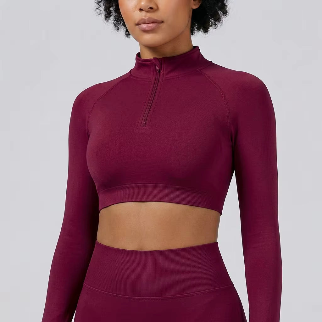 Women's Seamless Half-Zip Crop Top – High Neck Long Sleeve Stretch