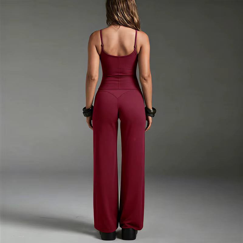 Women's Adjustable Strap Yoga Set – High-Waisted Straight-Leg Push-Up Pants