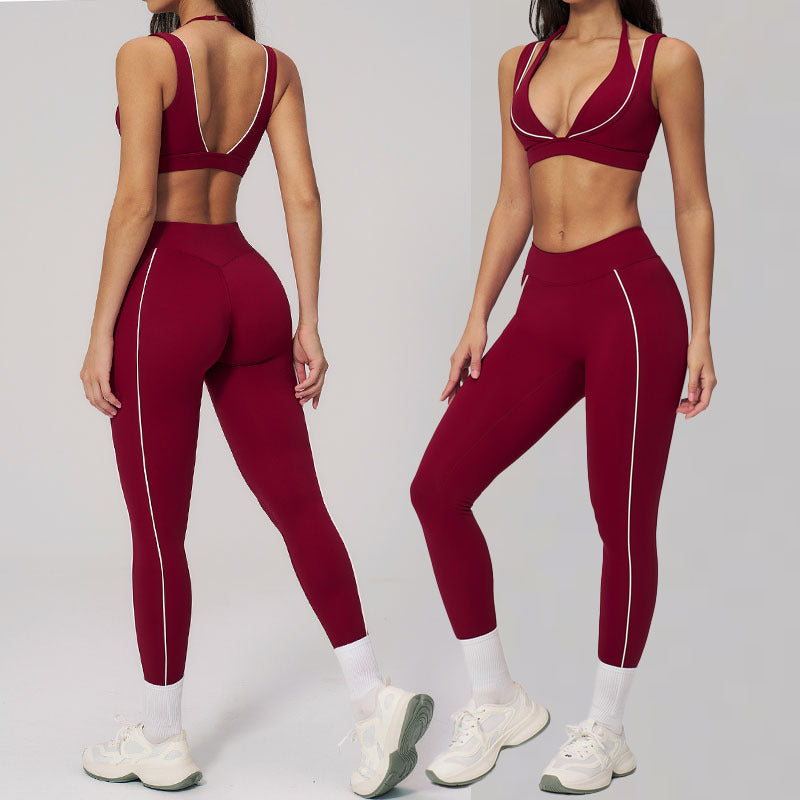 Navy Seamless Yoga Set – V-Neck Sports Bra & High-Waisted Push-Up Leggings