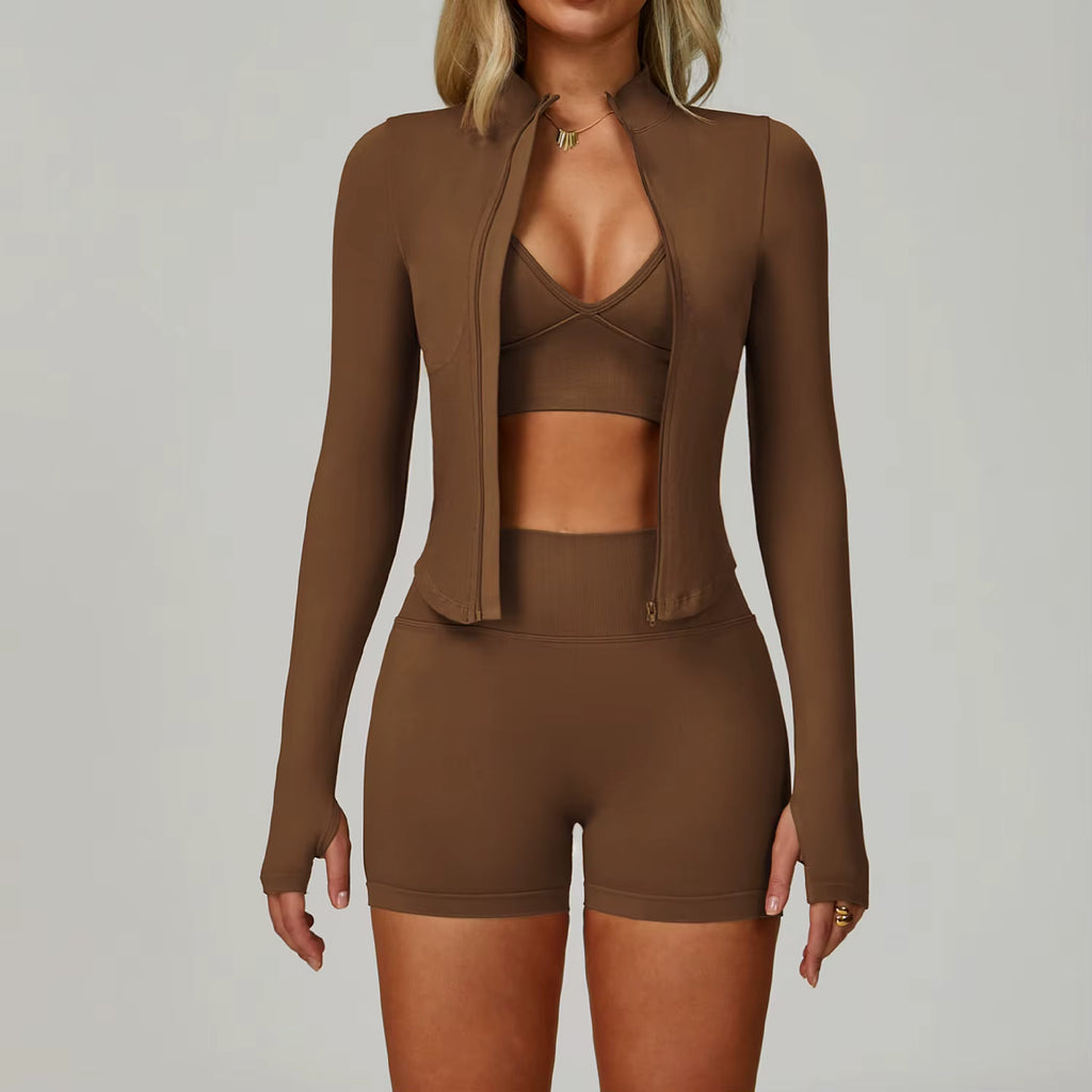 Ribbed Seamless Yoga Set  Bra, Shorts & Jacket, High-Waist