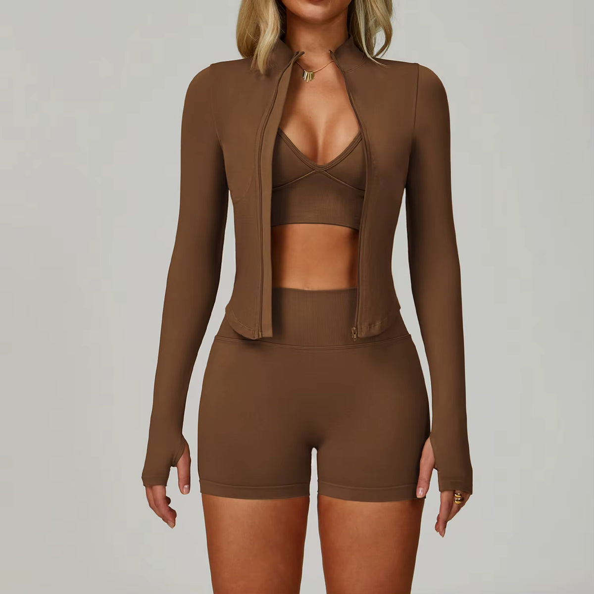 Ribbed Seamless Yoga Set  Bra, Shorts & Jacket, High-Waist