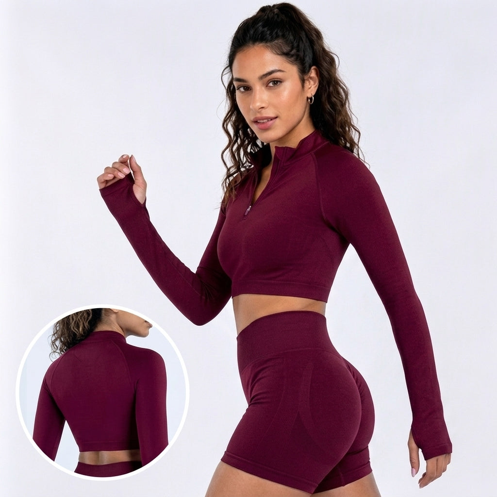 Women's Seamless Half-Zip Crop Top – High Neck Long Sleeve Stretch