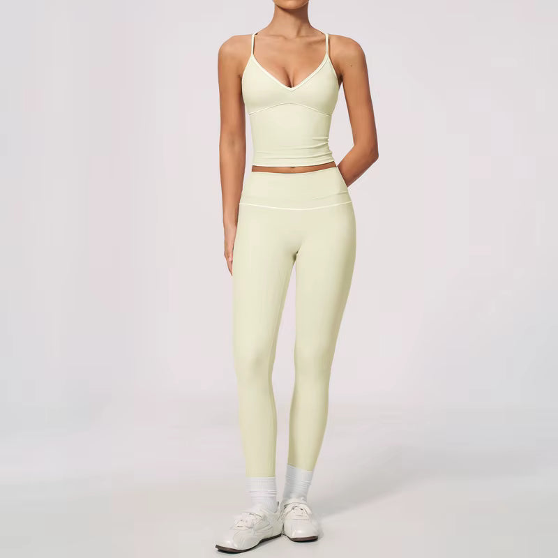 Women's Y-Strap Yoga Set – Breathable Nylon Top & High-Waisted Push-Up Leggings