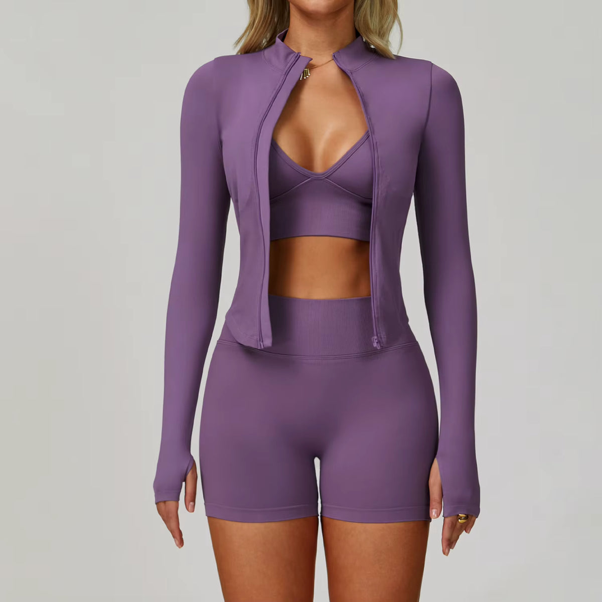 Ribbed Seamless Yoga Set  Bra, Shorts & Jacket, High-Waist