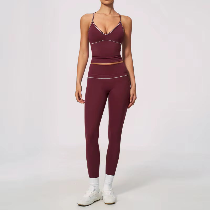 Women's Y-Strap Yoga Set – Breathable Nylon Top & High-Waisted Push-Up Leggings
