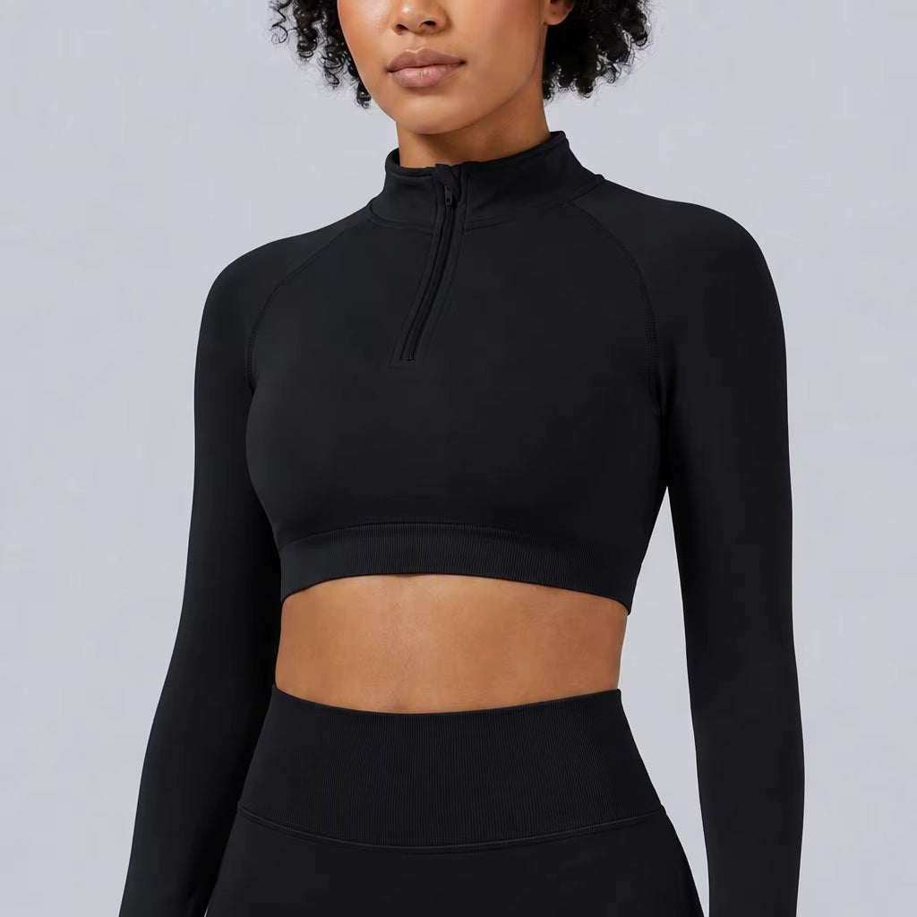 Women's Seamless Half-Zip Crop Top – High Neck Long Sleeve Stretch